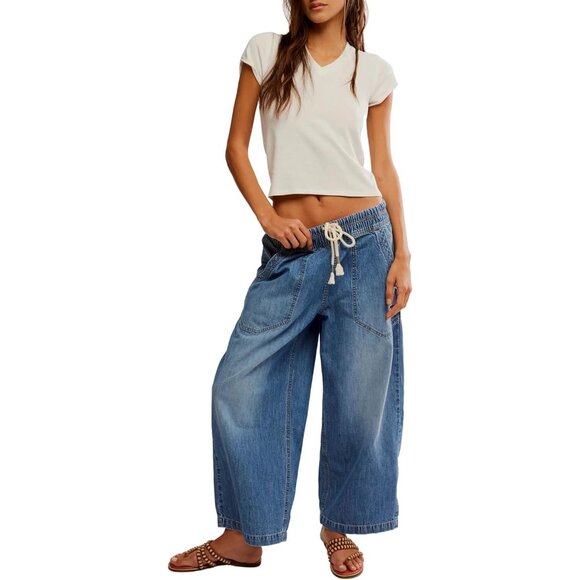 Wide Leg Jeans Women Casual Cropped Boyfriend Denim Ankle Pants Pockets - Picture 4 of 8